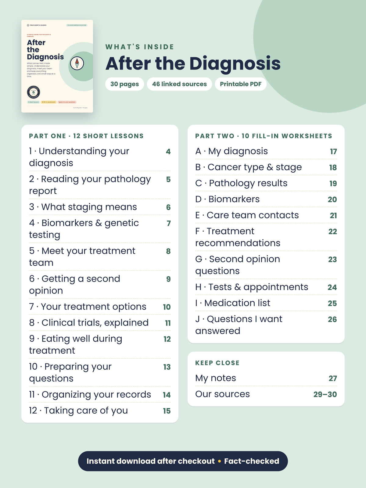Table of contents for After the Diagnosis: 12 lessons and 10 fill-in worksheets, 30 pages