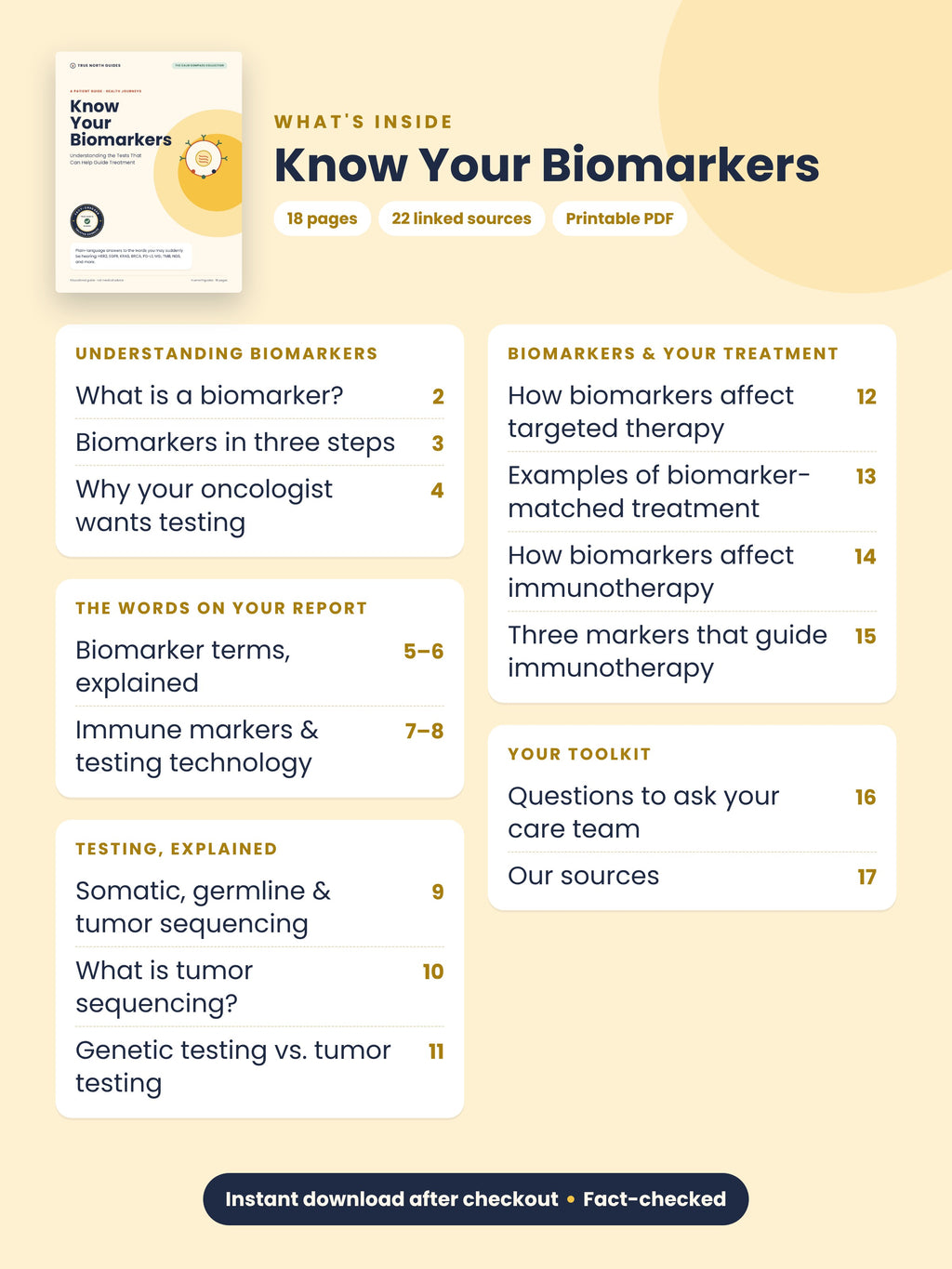 Table of contents for Know Your Biomarkers: understanding biomarkers, testing and how results affect treatment, 18 pages