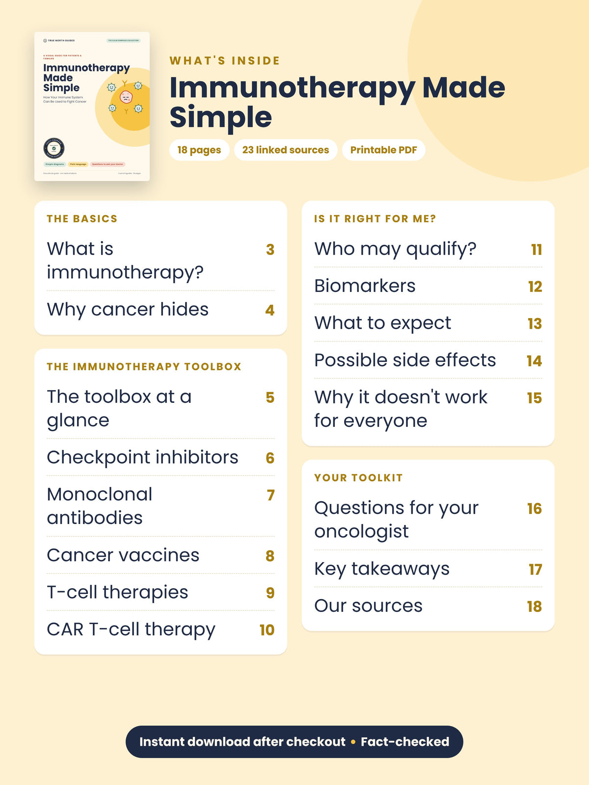 Table of contents for Immunotherapy Made Simple: the basics, the immunotherapy toolbox, is it right for me, 18 pages