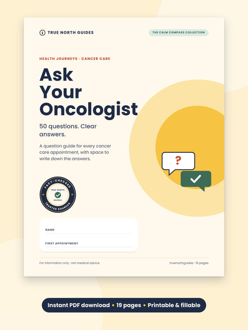 Ask Your Oncologist guide cover: 50 questions for every appointment, 19-page instant PDF download