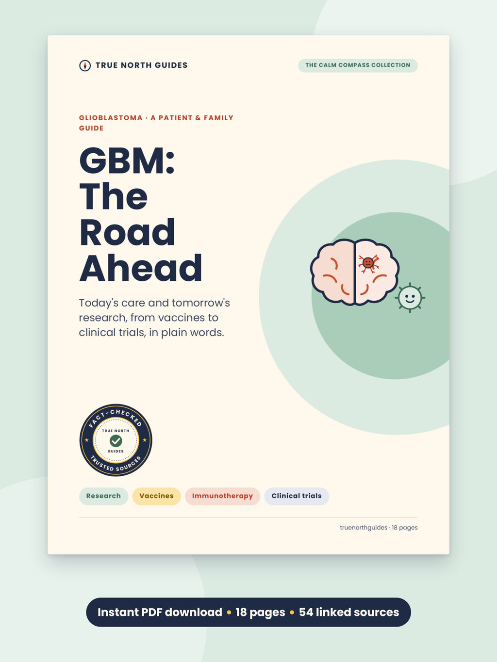 GBM: The Road Ahead guide cover: glioblastoma research, vaccines, immunotherapy and clinical trials, 18-page instant PDF download