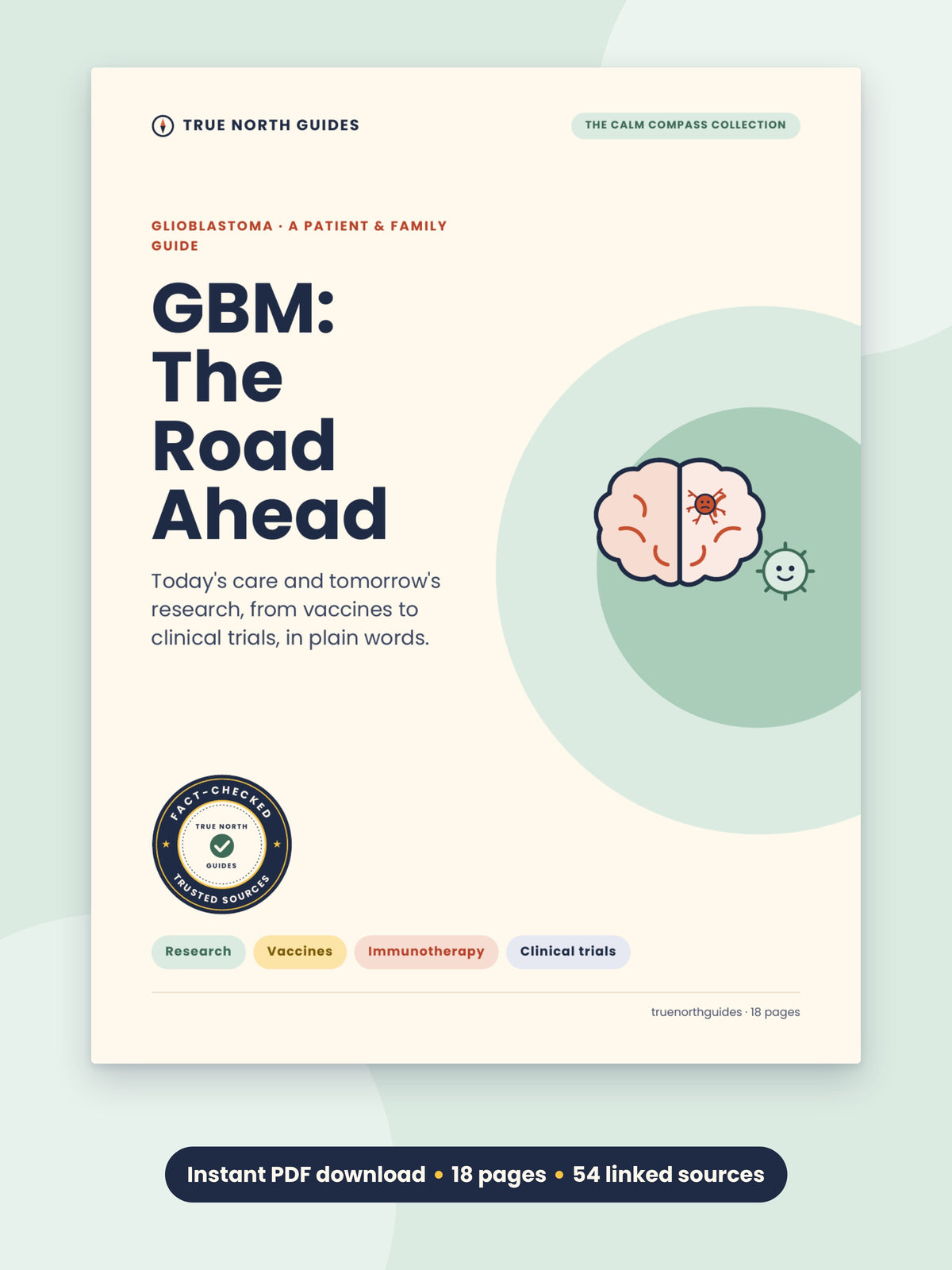 GBM: The Road Ahead guide cover: glioblastoma research, vaccines, immunotherapy and clinical trials, 18-page instant PDF download