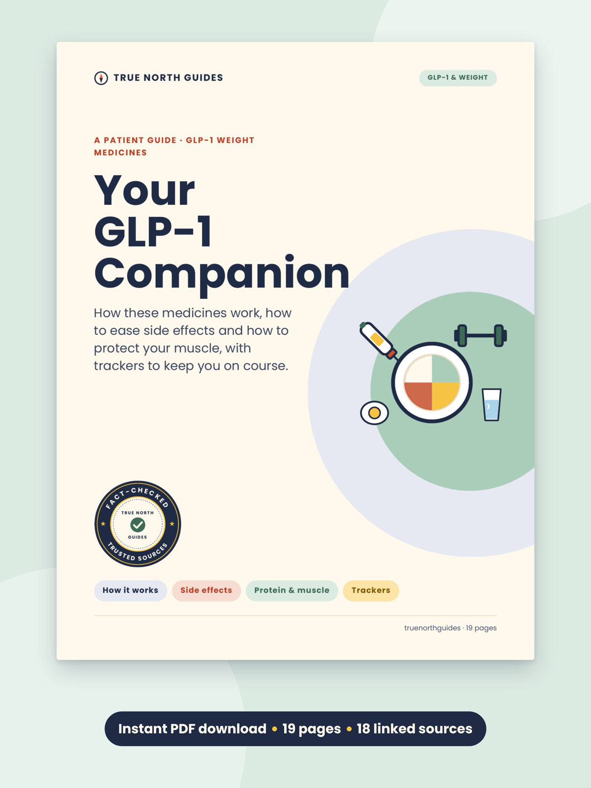 Your GLP-1 Companion printable PDF guide cover, 19 pages, 18 linked sources