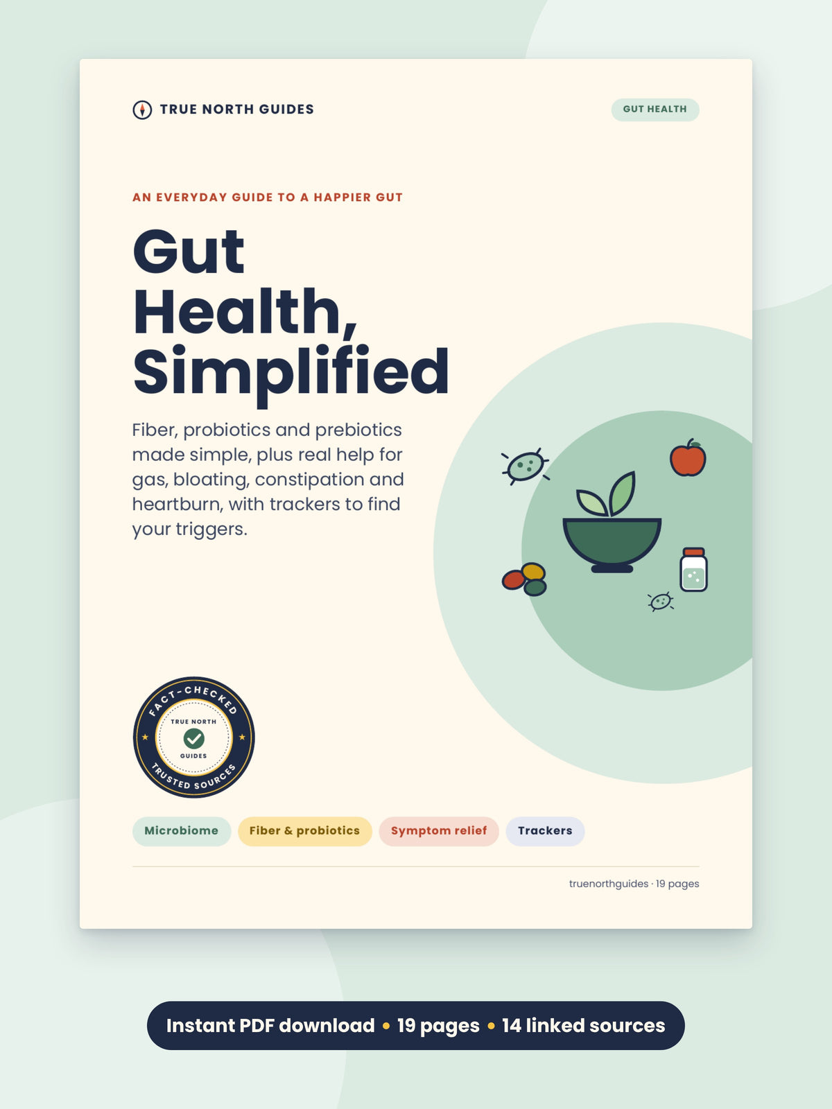 Gut Health, Simplified printable PDF guide cover, 19 pages, 14 linked sources