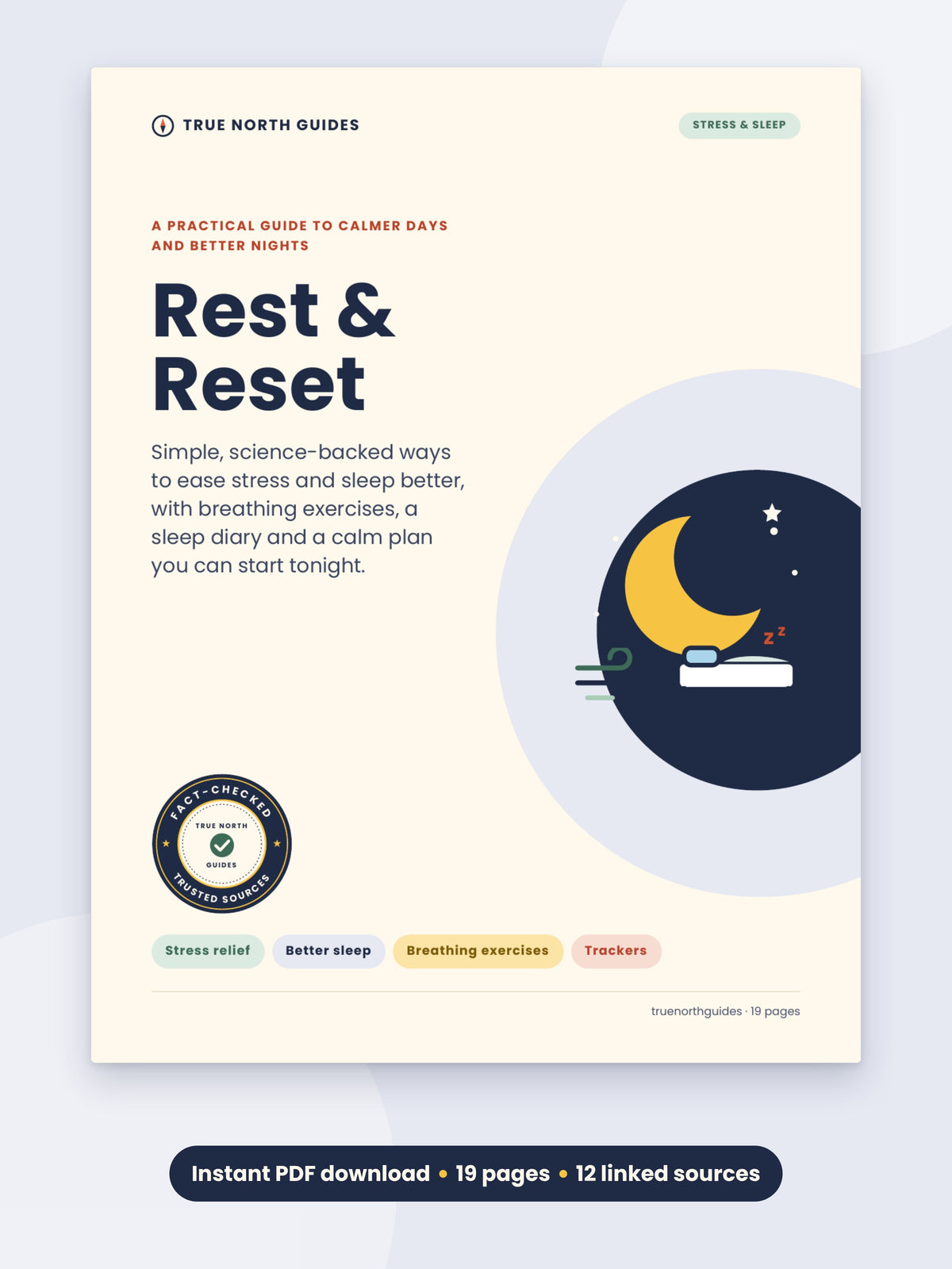 Rest & Reset printable PDF guide cover, 19 pages, 12 linked sources